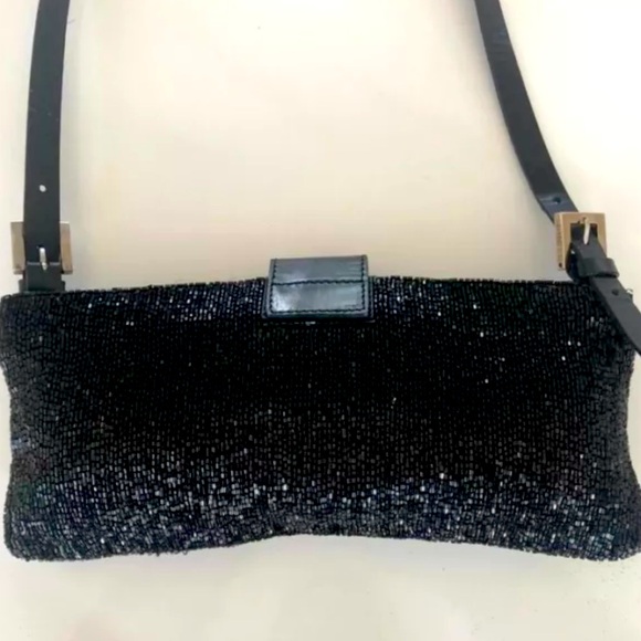 Fendi baguette embroidered glitter embellished black  leather beaded bag handbag - Picture 4 of 6